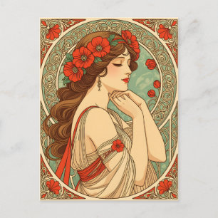 retro romantic woman with red flowers vintage postcard