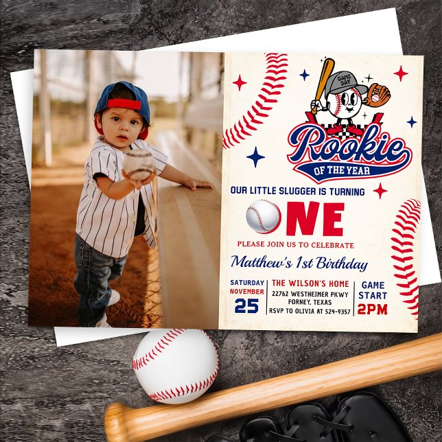 Retro Rookie of the Year Baseball 1st Birthday Invitation (Creator Uploaded)