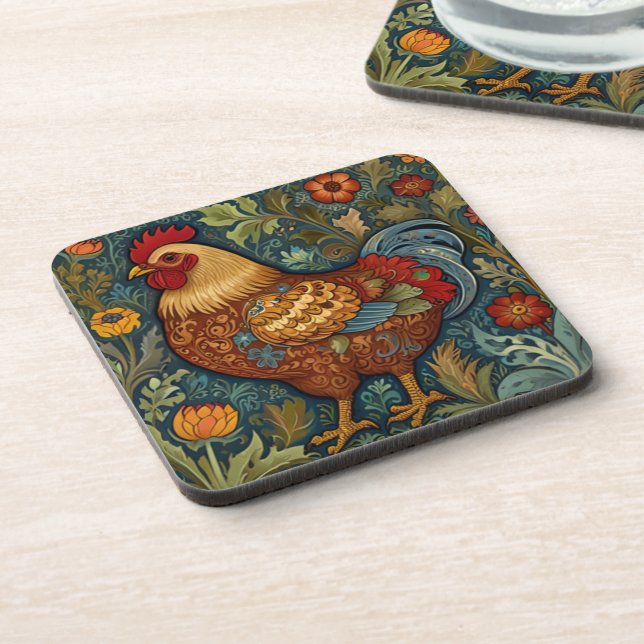 Retro rooster boho chic country chicken  coaster (Left Side)