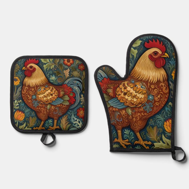 Retro rooster boho chic country chicken  oven mitt & pot holder set (Front)