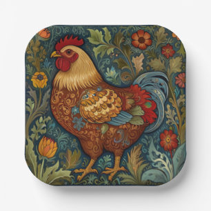 Retro rooster boho chic country chicken paper plate