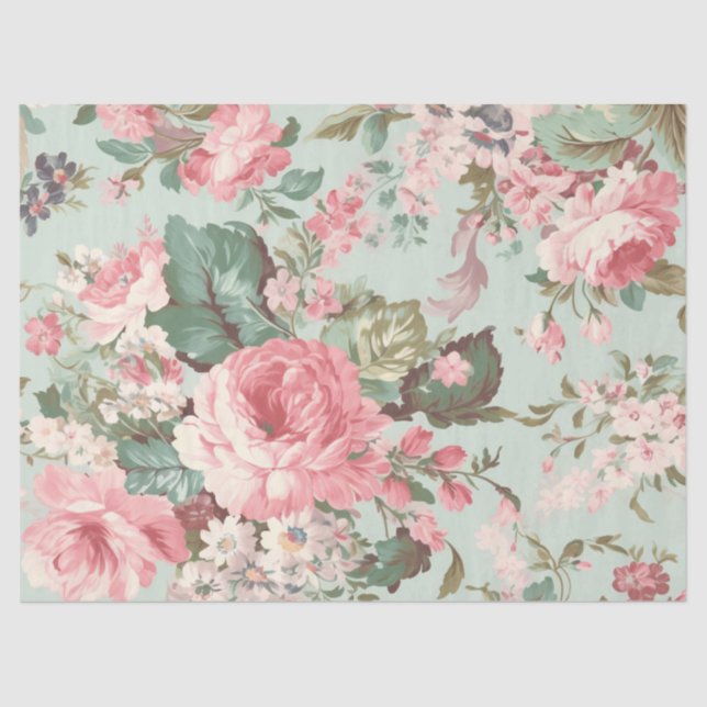 Retro Roses Blush Pink on Mint Decoupage Tissue Paper (Front)