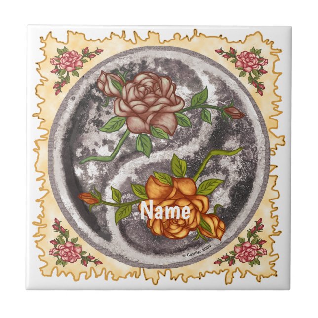 Retro Roses Yin Yang Ceramic Tile (Front)