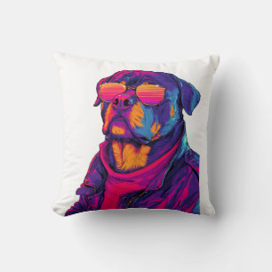 Retro Rottweiler � 80s Neon Vibe Dog Cushion