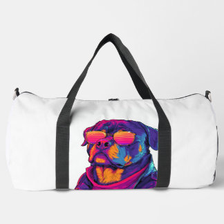 Retro Rottweiler � 80s Neon Vibe Dog Duffle Bag