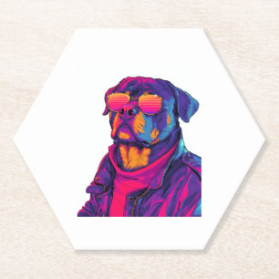Retro Rottweiler � 80s Neon Vibe Dog Paper Coaster