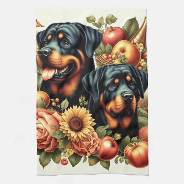 Retro Rottweiler Painting Tea Towel (Vertical)