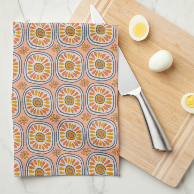 Retro Round Tiles Mexico Daisy Pattern Peach Tea Towel (Quarter Fold)
