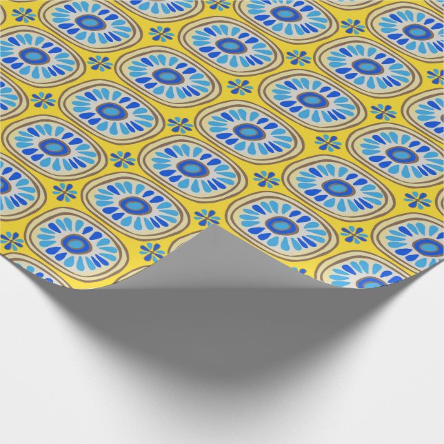 Retro Round Tiles Mexico Daisy Pattern Yellow BLue Wrapping Paper (Corner)