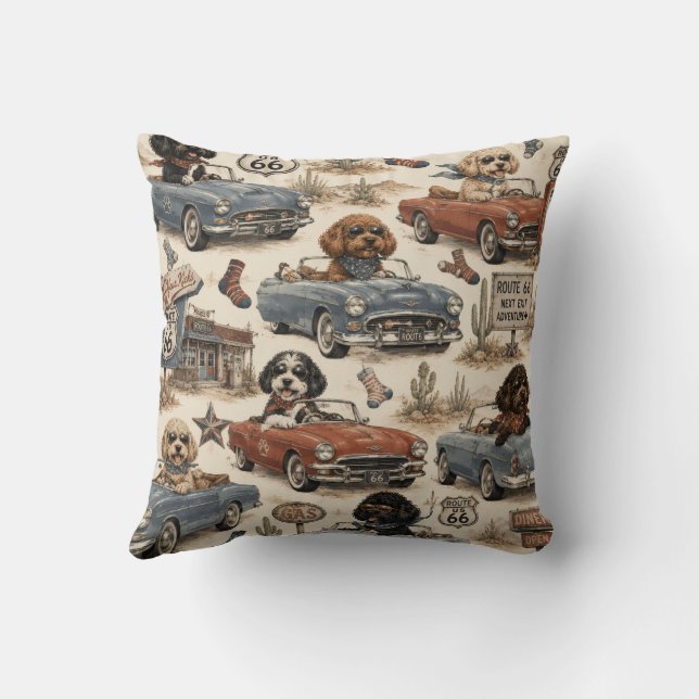 Retro Route 66 Cockapoo Throw Pillow (Back)