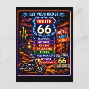 Retro Route 66 Neon Sign Vintage Greeting From Postcard