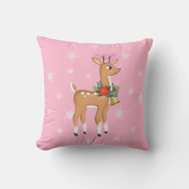 Retro Rudolph Reindeer Pink Throw Pillow (Front)