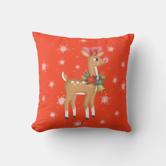 Retro Rudolph The Reindeer Throw Pillow (Front)