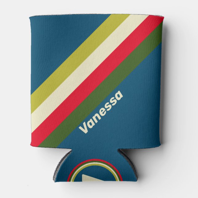 Retro Rugby Stripes with Name Can Cooler (Front)