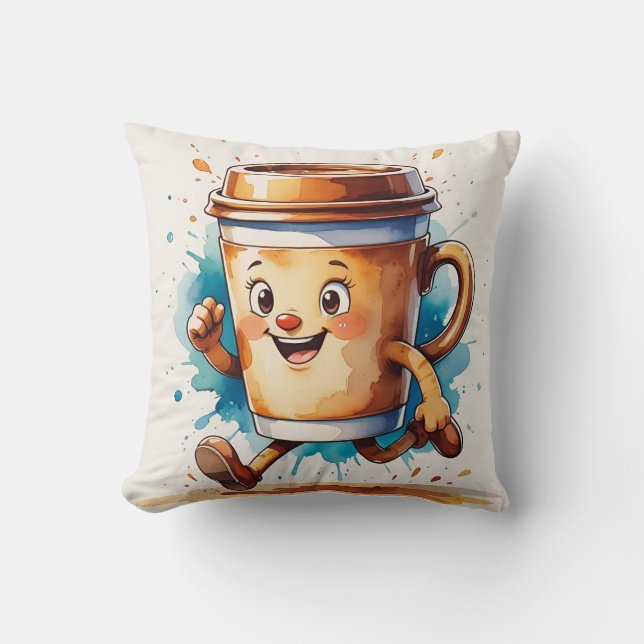 Retro Running Coffee Cup Pillow (Front)