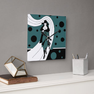 Retro Runway Model, Vintage Art Deco Fashion Square Wall Clock