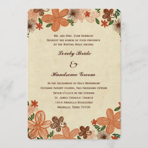 Retro Rust Orange Flowers Catholic Wedding Invitation