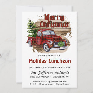 Retro Rustic Christmas Red Truck Holiday Luncheon Invitation