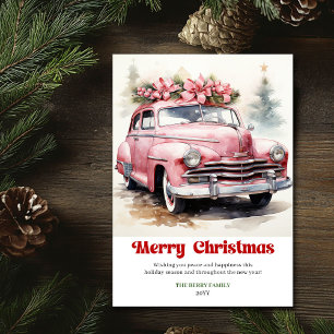 Retro rustic Christmas scene pink car greeting Holiday Card