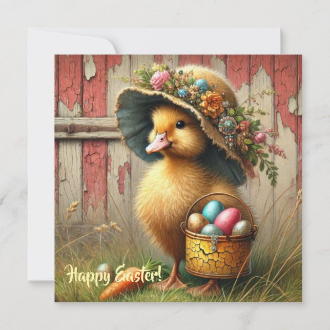 Retro rustic Easer duck with eggs farmhouse Holiday Card (Front)