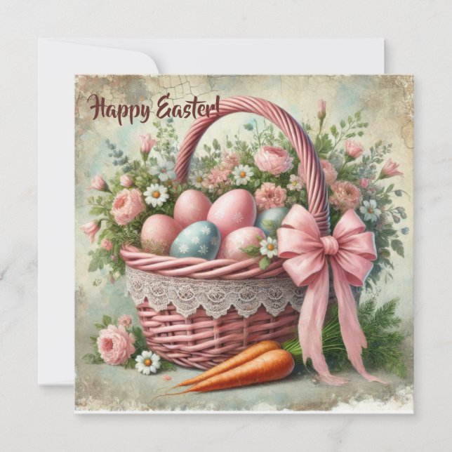 Retro rustic lace basket with pastel eggs holiday card (Front)