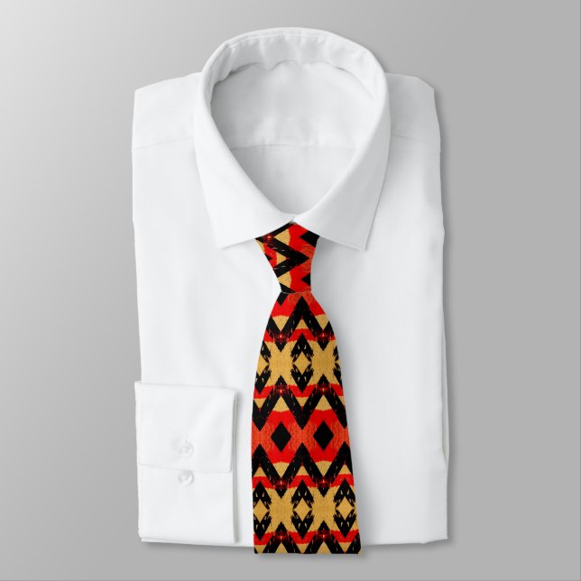 Retro Rustic Red Black Gold Pattern Tie (Tied)