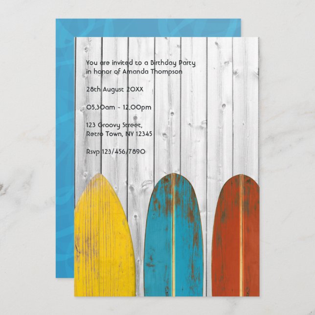 Retro Rustic Surfer Beach Birthday Party Invitation (Front/Back)