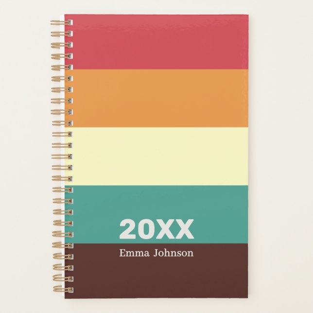 Retro Rusty Red Cream Brown Stripes Name Planner (Front)