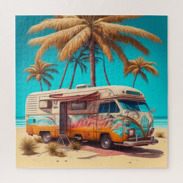 Retro RV and Palm Trees Jigsaw Puzzle (Vertical)