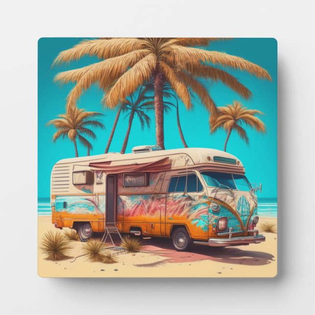 Retro RV and Palm Trees Plaque (Front)