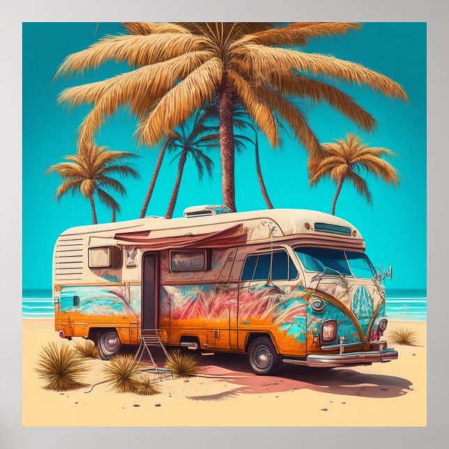 Retro RV and Palm Trees Poster (Front)