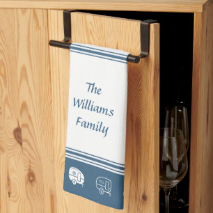 Retro RV Campers Family Name in Blue and White Tea Towel