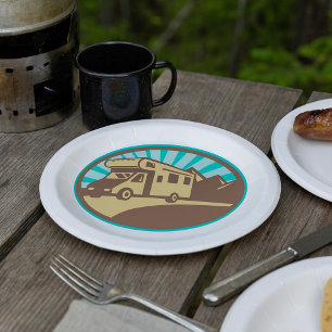 Retro RV Campervan Mountain Adventure Vintage Sun Paper Plate