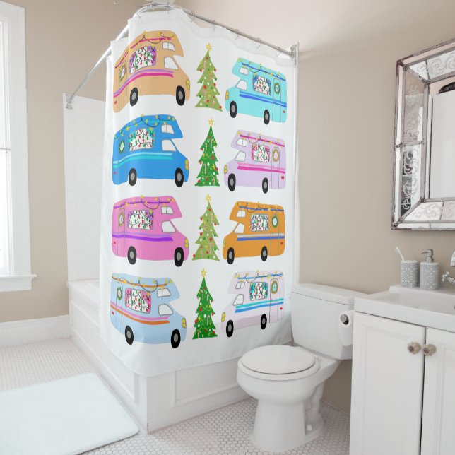 Retro RV Motorhome Camper Christmas Xmas Shower Curtain (In Situ)