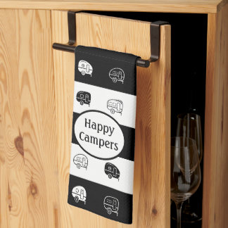 Retro RV Trailer Happy Campers Black & White Tea Towel