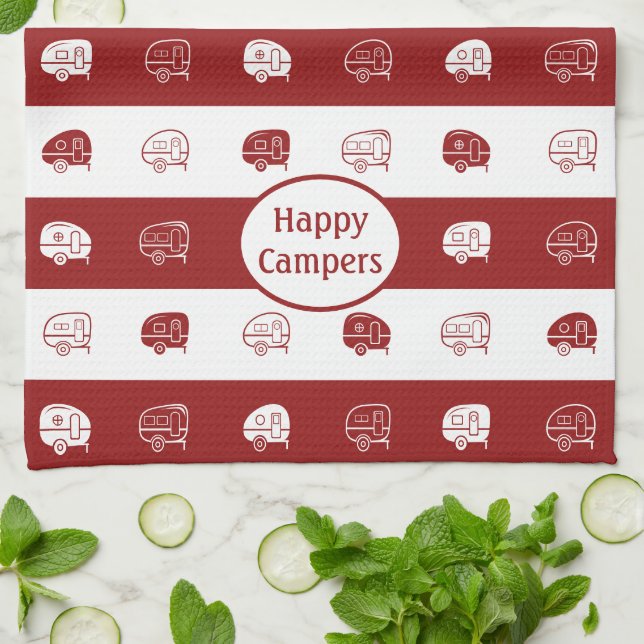 Retro RV Trailer Happy Campers in Dark Red & White Tea Towel (Folded)