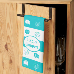 Retro RV Trailer Happy Campers Turquoise & White Tea Towel