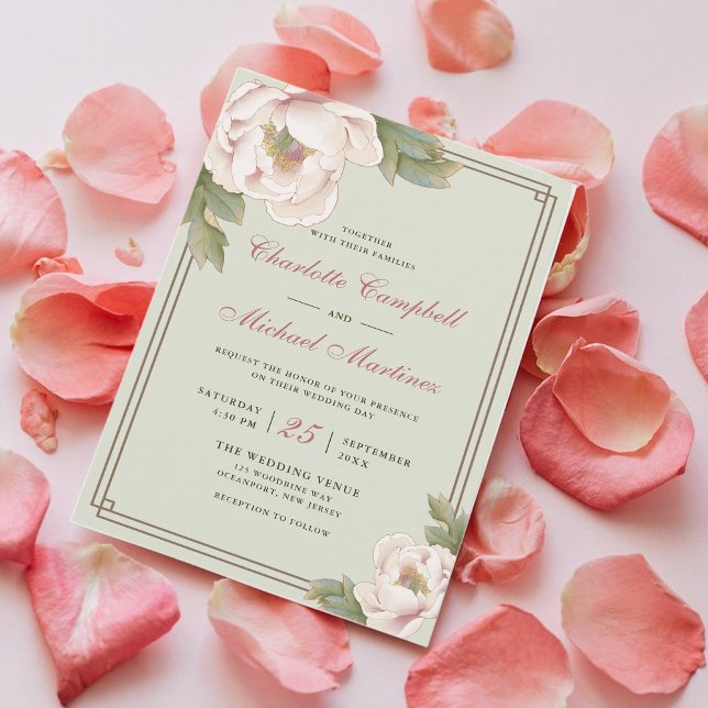 Retro Sage and Blush Wedding Peony Floral  Invitation (Creator Uploaded)