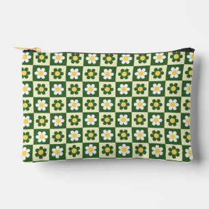 Retro Sage Green and Cream Daisy Chequerboard  Accessory Pouch