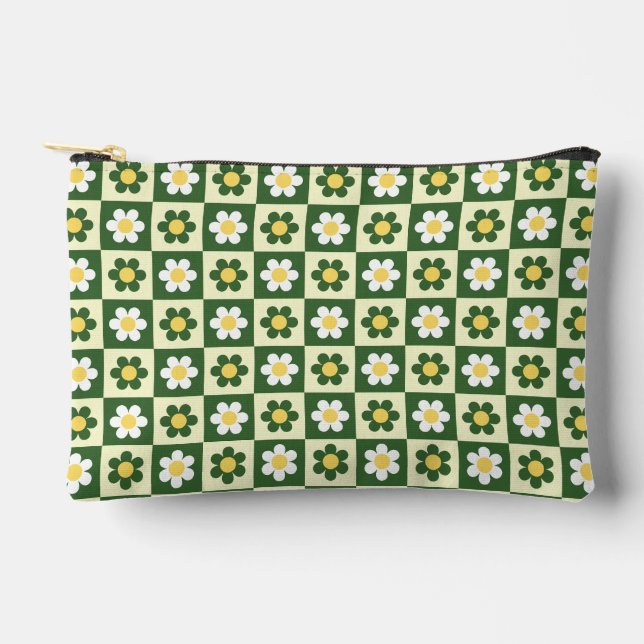 Retro Sage Green and Cream Daisy Chequerboard  Accessory Pouch (Front)