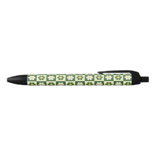 Retro Sage Green and Cream Daisy Chequerboard Black Ink Pen