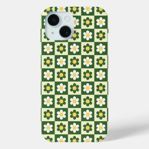 Retro Sage Green and Cream Daisy Chequerboard  iPhone 15 Case