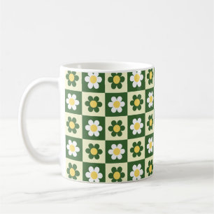 Retro Sage Green and Cream Daisy Chequerboard  Coffee Mug
