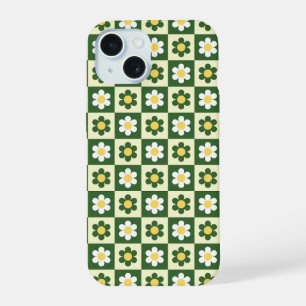 Retro Sage Green and Cream Daisy Chequerboard iPhone 15 Case