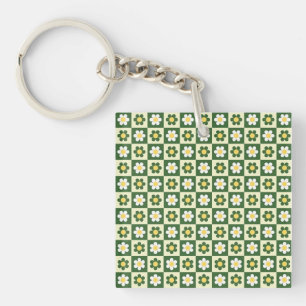 Retro Sage Green and Cream Daisy Chequerboard Key Ring