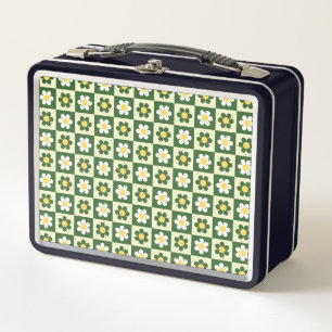 Retro Sage Green and Cream Daisy Chequerboard  Metal Lunch Box