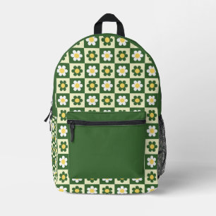 Retro Sage Green and Cream Daisy Chequerboard Printed Backpack
