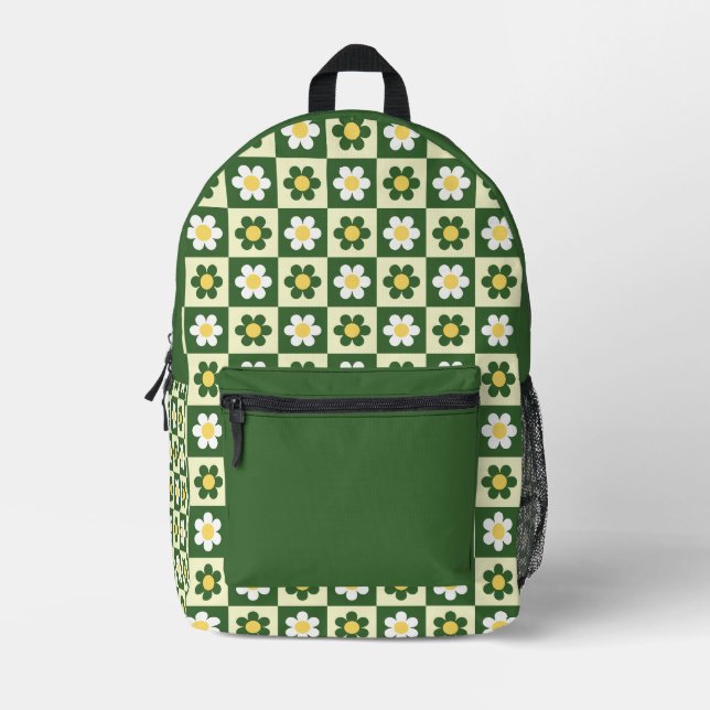 Retro Sage Green and Cream Daisy Chequerboard  Printed Backpack (Front)