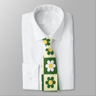 Retro Sage Green and Cream Daisy Chequerboard Tie