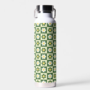 Retro Sage Green and Cream Daisy Chequerboard Water Bottle